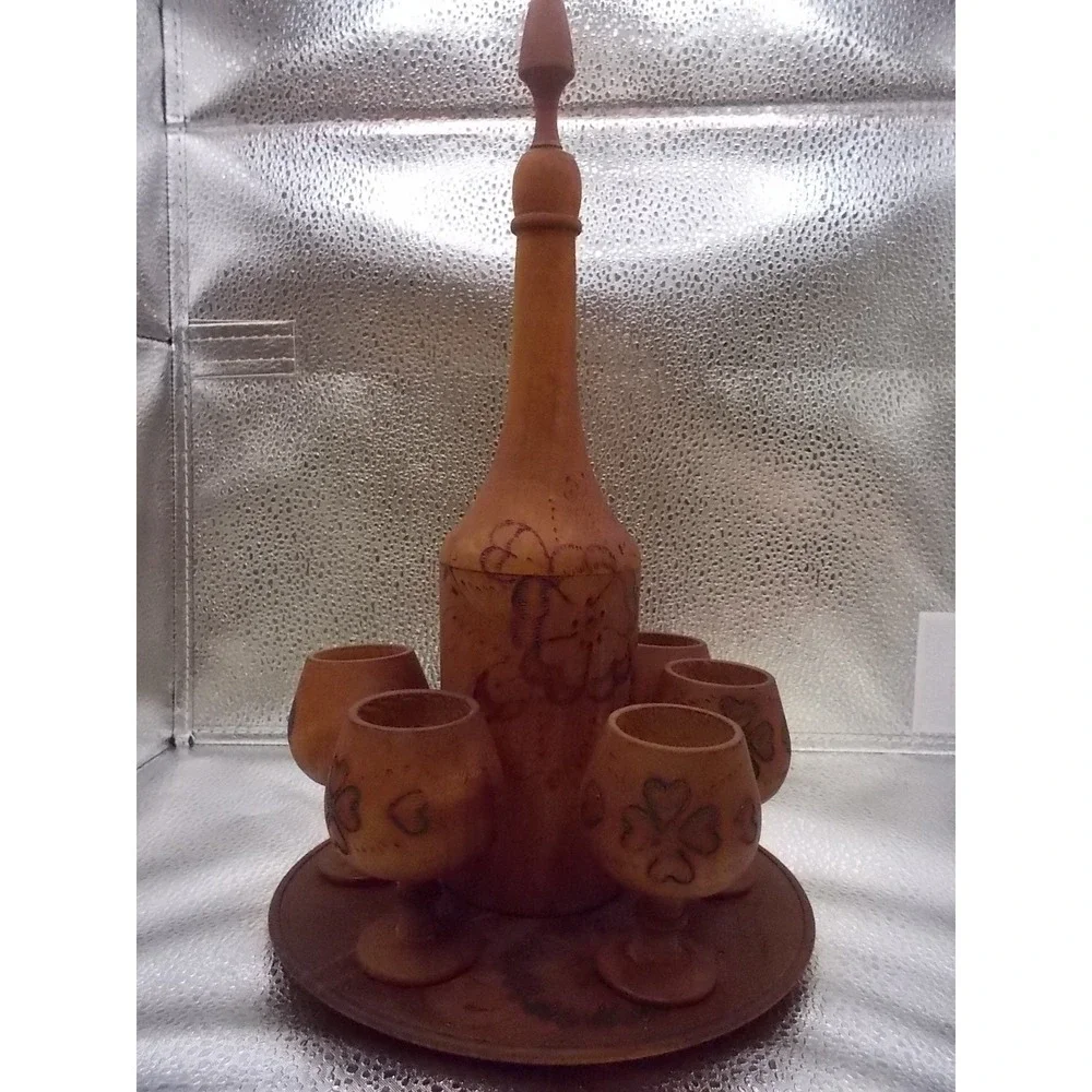 Vintage Hand Carved Wood Decanter Set 6 Cups Tray Floral Wood Burned Pyrography